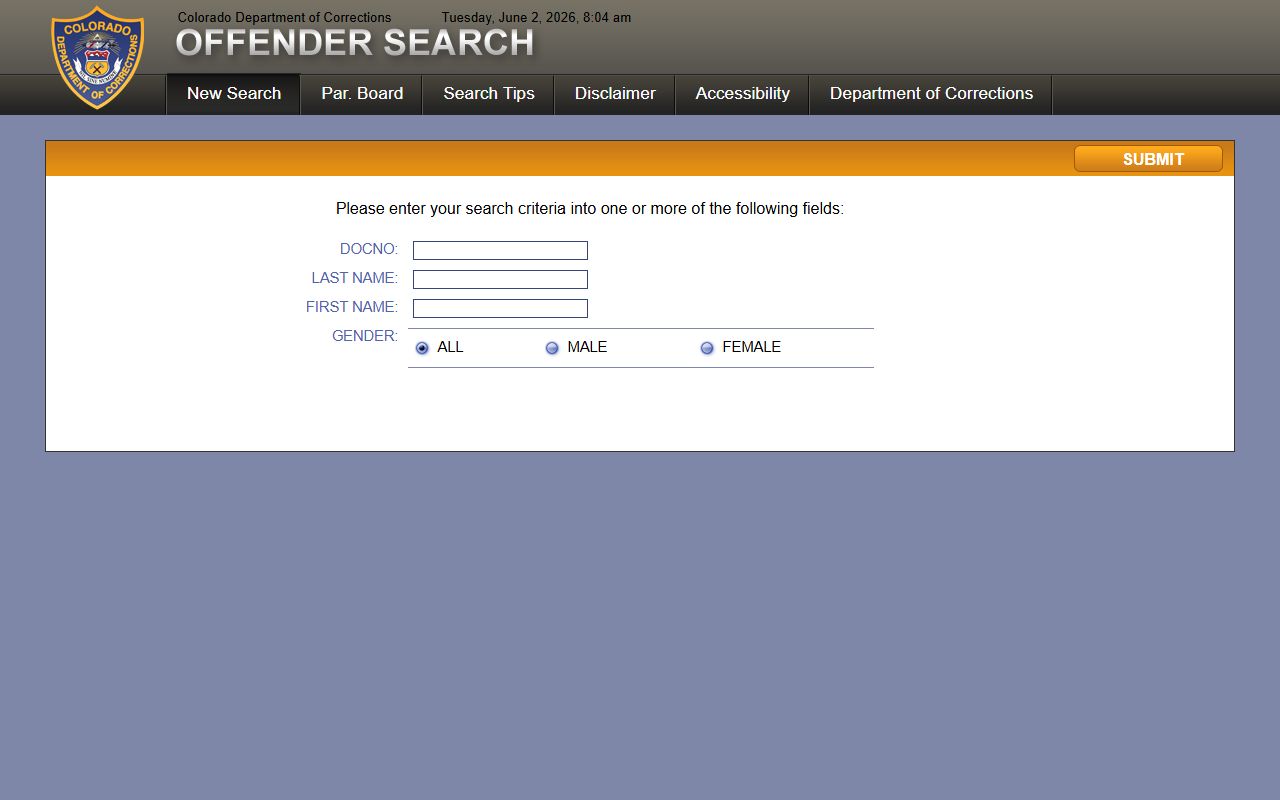 CDOC offender search fields for Mineral County inmate lookup