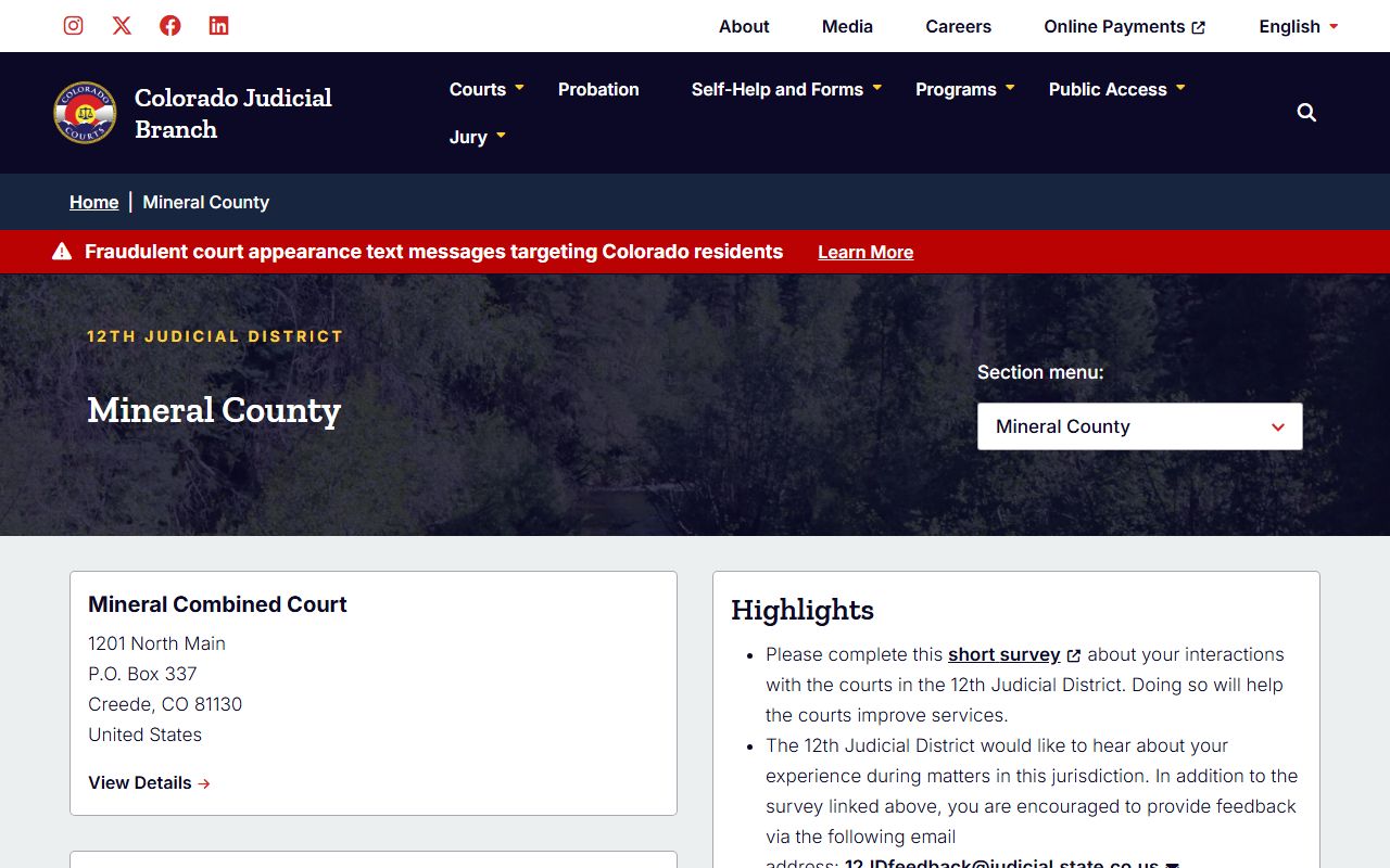 Mineral County Judicial Branch page for court records after jail arrest