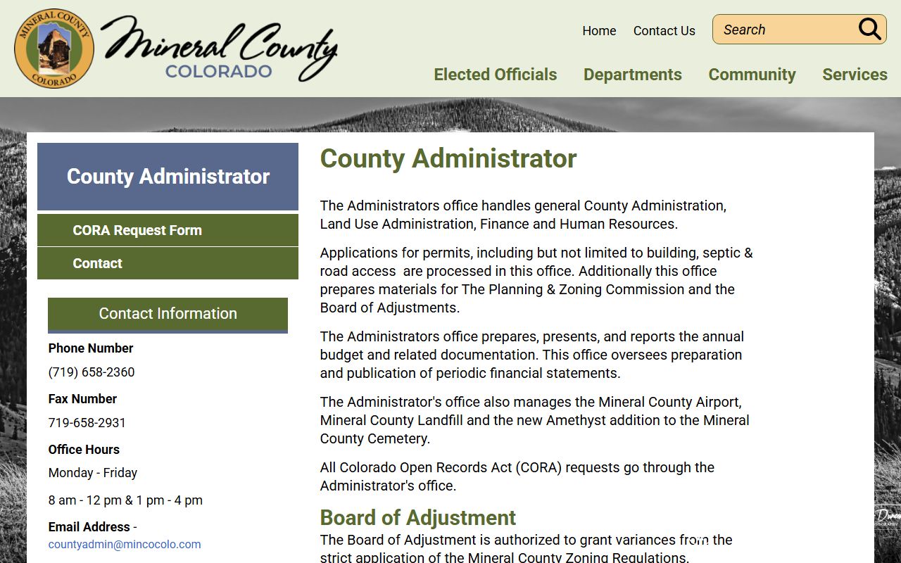 Mineral County Administrator page for jail mugshot records requests
